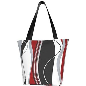 BeNtli Schoudertas, canvas draagtas grote tas vrouwen casual handtas herbruikbare boodschappentassen, golvende verticale strepen rood zwart wit en grijs, zoals afgebeeld, Eén maat