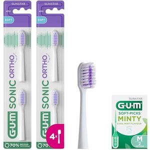 GUM SONIC ORTHO Vervangende Koppen Voor Tandenborstel Op Batterijen | Zacht voor de tanden en het tandvlees | X2 Verpakkingen Van 2 (x4 Navulkoppen In Totaal) +1 gratis sample | Wit