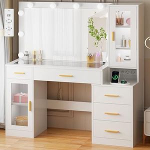 BEWISHOME Grote kaptafel met verstelbare ledverlichting en stopcontacten, make-uptafel met spiegel, glasplaat, kaptafel met 5 laden, kaptafel voor slaapkamer, wit, EFST34W