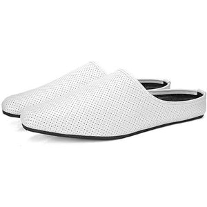 Heren Loafers Schoen Ronde Neus PU-leer Geperforeerd Ademend Halve Loafers Schoenen Platte hak Antislip Comfortabel Wandelen Bruiloft Instappers (Color : White, Size : 43 EU)