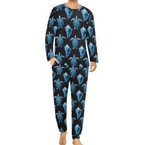 Blauwe zeeschildpadden schelp comfortabele heren pyjama set ronde hals lange mouw loungewear met zakken XL