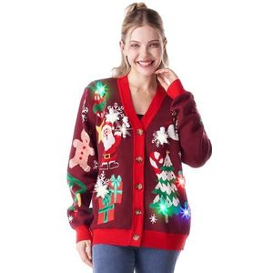 Giggling Getup Ugly Sweater Cardigan voor dames, gebreide kersttrui met ledverlichting, Rudolph rendier, geïntegreerde gloeilampen, rood, M