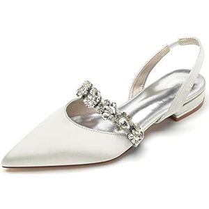 EICOFF Trouwschoenen voor vrouwen Lage hak Satijn Puntige Gesloten Tenen Ballet Flats Dames Rhinestone Bruidsjurk Schoenen,ivoor,36 EU