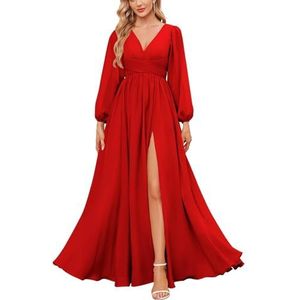 KURFACE Bruidsmeisjesjurken met lange mouwen en split geplooide chiffon formele jurk met mouwen formele jurk, Rood, 32