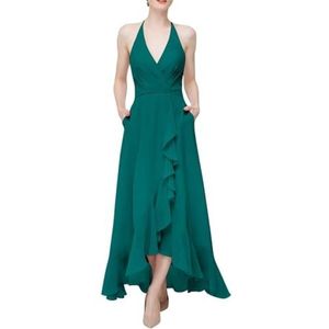 SAMHO Chiffon bruidsmeisje jurk halter hoge lage ruches formele avondjurken met zakken, Turkoois, 52