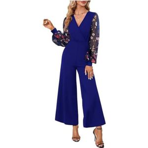 LoprNsdgt Dames Trendy V-Hals Bloemenborduurwerk Lange Mouw Gespikkelde Losse Casual Jumpsuits,Blauw,L