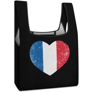 Frankrijk Hart Retro Vlag Herbruikbare Boodschappentassen Opvouwbare Boodschappentassen Grote Vouwbare Tote Bag met Lange Handvatten