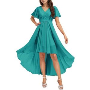 HPPEE Chiffon bruidsmeisjesjurk voor dames, met mouwen, geplooid, hoge lage V-hals, formele avondfeestjurk, Aqua, 32