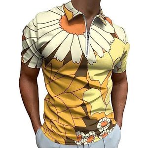 Geel en bruin vintage bloemenpatroon heren poloshirt golf T-shirt met rits korte mouw casual T-shirt spiertops 5XL