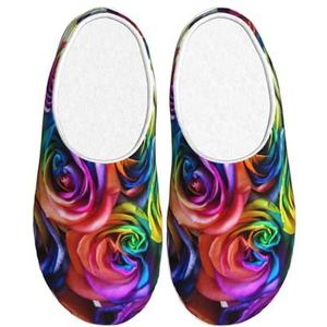 EdWal Regenboog Rose Print Winter Warme Slippers Indoor Anti-slip Pluche Slippers Ontspannen Thuis voor Vrouwen Mannen, Zwart, 37.5 EU