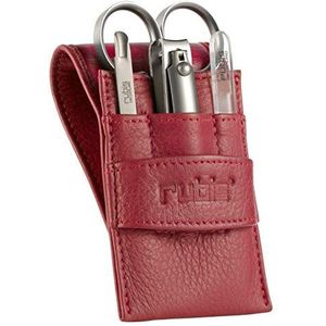 Rubis Manicure Set - reizen nagelverzorgingsset met lederen etui (rood) - nagelriemschaar, nagelknipper, nagelreiniger / nagelriemduwer, glazen nagelvijl