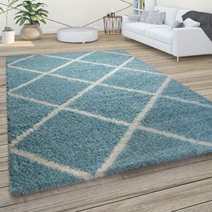 Hoogpolig tapijt, zachte shaggy voor de woonkamer in Scandinavische stijl met ruitmotief, Maat:300x400 cm, Kleur:Turquoise