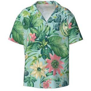 OdDdot Tropische bloemen en vruchten print heren button down shirt korte mouw casual shirt voor mannen zomer business casual jurk shirt, Zwart, 4XL