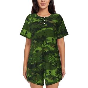 JIAWUJYNB Groene leger digitale camouflageprint dames pyjama met korte mouwen - comfortabele korte sets, mouwen nachtkleding met zakken, Zwart, S