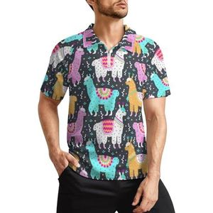 Llama Alpaca golfpoloshirts voor heren, klassieke pasvorm, T-shirt met korte mouwen, bedrukt casual sportkleding top, S