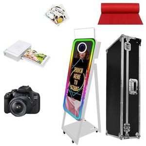 Magic Mirror Fotocabine met 21,5 inch touchscreen, draagbare fotoboothmachine met RGB led-vullicht en vliegkoffer voor bruiloften, feesten, evenementen verhuur (wit, fotocabine + printer + camera)