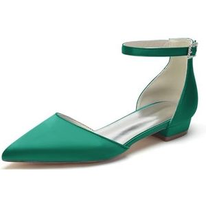Dames Gespitste Satijnen Bruidsschoenen Platte Lage Hakken Enkelband Ivoor Bruidsschoenen,Groen,35 EU