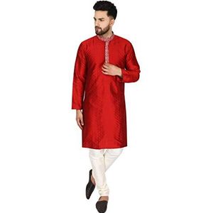 SKAVIJ Kurta Pyjama - Feestjurk met Lange Mouwen - Herenkostuum Rood XL