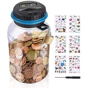 Birshe Spaarpot met teller, 1,8 liter, groot, voor kinderen, transparante muntenteller met lcd-display, digitale muntenbank met automatisch slot en schattige stickers, spaarpot met teller