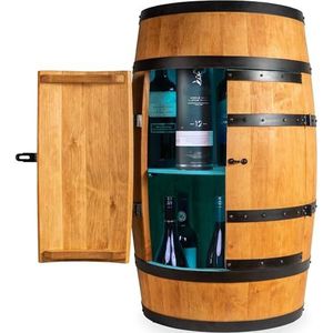 CREATIVE COOPER Wijnrek hout met deur met LED RGB - Alcoholkast flessenrek hout - Houten vat - Vat Meubels - Wijnstandaard - Wijnbar - Barbar met deur - Minibar 80 cm hoog (eiken)