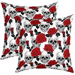Set van 2 kussenslopen schets schedel rode wilde bloem bloemen menselijk skelet patroon gotische stijl kussensloop met onzichtbare rits decoratieve kussenslopen, voor bed, tuin, kantoor, 45 x 45 cm