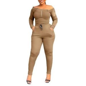 Casual Tweedelige Damesoutfits, Sexy Off Shoulder Tops Met Lange Mouwen En Bodycon Lange Broeksets Met Zakken Sweatsuit (Color : Khaki, Size : XXL)