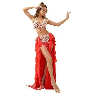 3-Delige Set Buikdansjurken Voor Vrouwen Halloween Buikdanseres Performance Rok Dansoutfit Voor Volwassenen in Rave Festivals Buikdans Kostuum Met Bh En Riem,Rood,L