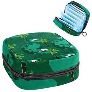 Palmboom Groene Print Periode Tas voor Tiener Meisjes Vrouwen Dame, Maandverband Opbergtas met Rits Nylon Draagbare Opslag Menstruatie Pad Tas