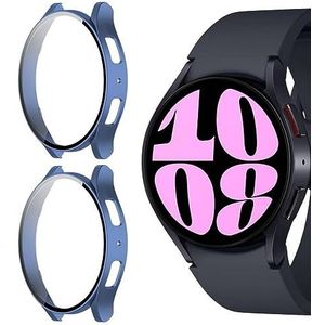 GIOPUEY [2 PACK] Hoesje compatibel met Samsung Galaxy Watch 6 44 mm, glazen beschermfolie + harde plastic rand, Samsung Galaxy Watch 6 44 mm hoesje - blauw+blauw