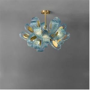 Noordse koperen hanglamp moderne LED blauwe pauwblad glazen hangende kroonluchter Villa luxe glas-in-lood kroonluchter, moderne plafondhanger 12 Lights