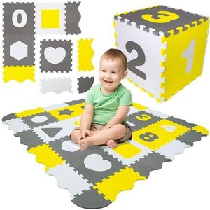 Humbi puzzelmat Eva foam voor baby's en kinderen speelmat fitnessmat beschermmat zwembadmat 31,5 x 31,5 x 1 cm 34 stuks vormen kleur (Grijs, wit, geel)