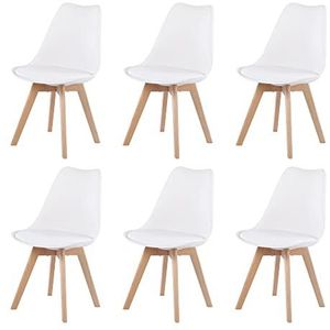 DORAFAIR 6 x Scandinavisch retro design gestoffeerde stoel kunststof PP eetkamerstoelen, met massief beukenpoten, wit