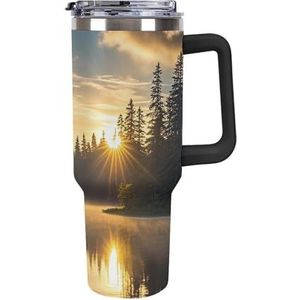 HJUQNGF 40 oz gepersonaliseerde beker met handvat en stro zonsopgang op het meer roestvrij staal geïsoleerde bekers herbruikbare auto thermische beker reizen koffiemok voor vrouwen mannen