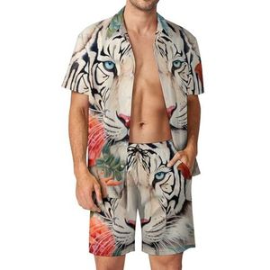 Vintage India Witte Tijger Olifant Mannen 2 Stuks Hawaiiaanse Sets Losse Fit Korte Mouw Shirts En Shorts Strand Outfits L