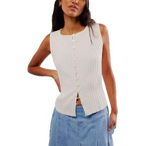 Vrouwen gehaakte dikke gebreide top mouwloze button down crop tops trendy vest trui vest for vrouwen(White A,Medium)