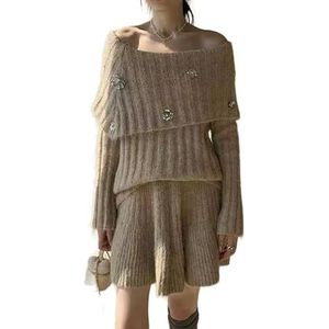 MLSHWUG Dames Retro Off-Shoulder 3D Bloemen Pailletten Trui En Rok 2-Delige Set,Khaki,One Size