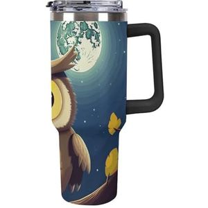 STVNKML 40 oz beker met handvat uil en gele maan roestvrijstalen koffiemok herbruikbare reismok lekvrije geïsoleerde autobeker grote capaciteit beker voor reizen, buiten, thuisgebruik (zwart)
