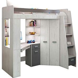 FurnitureByJDM Hoogslaper Met Bureau, Kast en Planken – Compact Kinderbed Met Opbergruimte – Complete Set (120x204 cm) – Bed 80x200 cm – Trap Rechts – (Craft Wit/Grafiet)