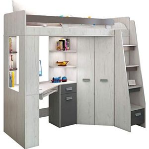 FurnitureByJDM - Hoogslaper met Bureau, Kledingkast en Boekenkast - ANTRESOLA R - (Ambacht Wit/Grafiet)