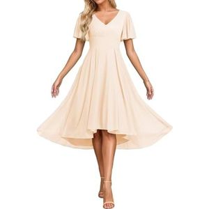 Korte Mouw Bruidsmeisje Jurken voor Bruiloft Hoge Lage Chiffon Formele Avond Party Maxi Gown Thee Lengte AH156, Perzik, 32