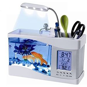 Creatieve Desktop Glas Vis Tank, Nieuwe Desktop USB Aquarium Met LED Licht Lcd scherm en Klok Zwart/Wit Aquarium Tafel Decor (Wit)