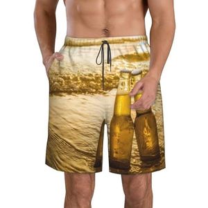 Bottles Beer Beach Sunset Time Print Strandshorts voor heren, lichtgewicht, sneldrogend, zwembroek met trekkoord en zakken, Wit, M