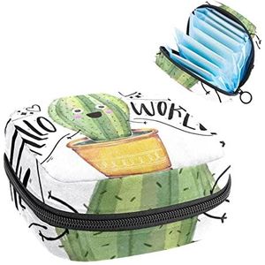 Leuke Cactus Karakter Zeggen Hallo Wereld Periode Pouch Draagbaar,Tampon Opbergtas voor Maandverband, Meerkleurig, 4.7x6.6x6.6 in/12x17x17 cm
