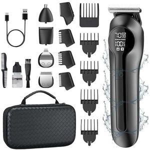 Tondeuse voor mannen, 6-in-1 multifunctionele tondeuse met digitaal display, krachtig elektrisch scheerapparaat, neus-tondeuse, verzorgingsset