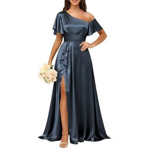 KURFACE Satijnen bruidsmeisjesjurken met mouwen geplooid korset galajurk met split lange formele avondjurk voor dames, Donkerblauw, 32