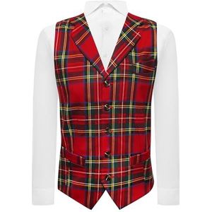King & Priory Rood Tartan Geruit Vest met Revers, Rood, M