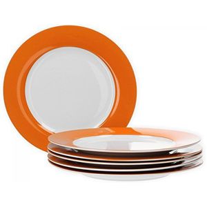 Van Well Vario platte borden, 6-delig, tafelservies voor 6 personen, platte eetborden met Ø 26,5 cm, porseleinen servies wit met rand in oranje, bordenset, magnetronbestendig