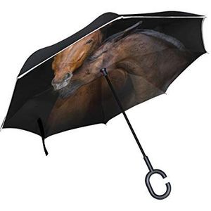 RXYY Winddicht Dubbellaags Vouwen Omgekeerde Paraplu Aquarel Paarden Zwart Liefde Waterdichte Reverse Paraplu voor Regen Bescherming Auto Reizen Outdoor Mannen Vrouwen