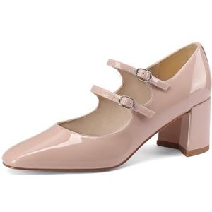 MIRAAZZURRA Mary Jane Pumps voor dames, blokhak, elegante enkelriempje, hak, ronde neus, lakschoenen met gesp, nude, 39 EU