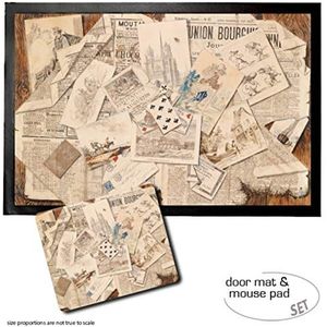 1art1 Kranten, French Newspaper Collage Postcards, Trompe L'Oeil Vintage Style Deurmat (60x40 cm) + Muismat (23x19 cm) Cadeauset